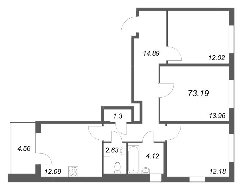 3-комнатная квартира, 73.19 м² в ЖК "ЮгТаун" - планировка, фото №1