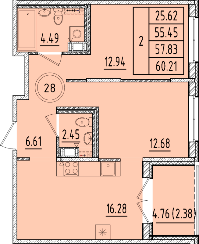 3-комнатная (Евро) квартира, 55.45 м² - планировка, фото №1