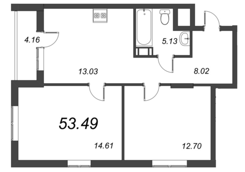 2-комнатная квартира, 53.49 м² - планировка, фото №1