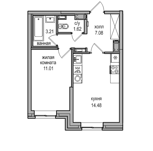 1-комнатная квартира, 37.8 м² в ЖК "Северная Долина" - планировка, фото №1