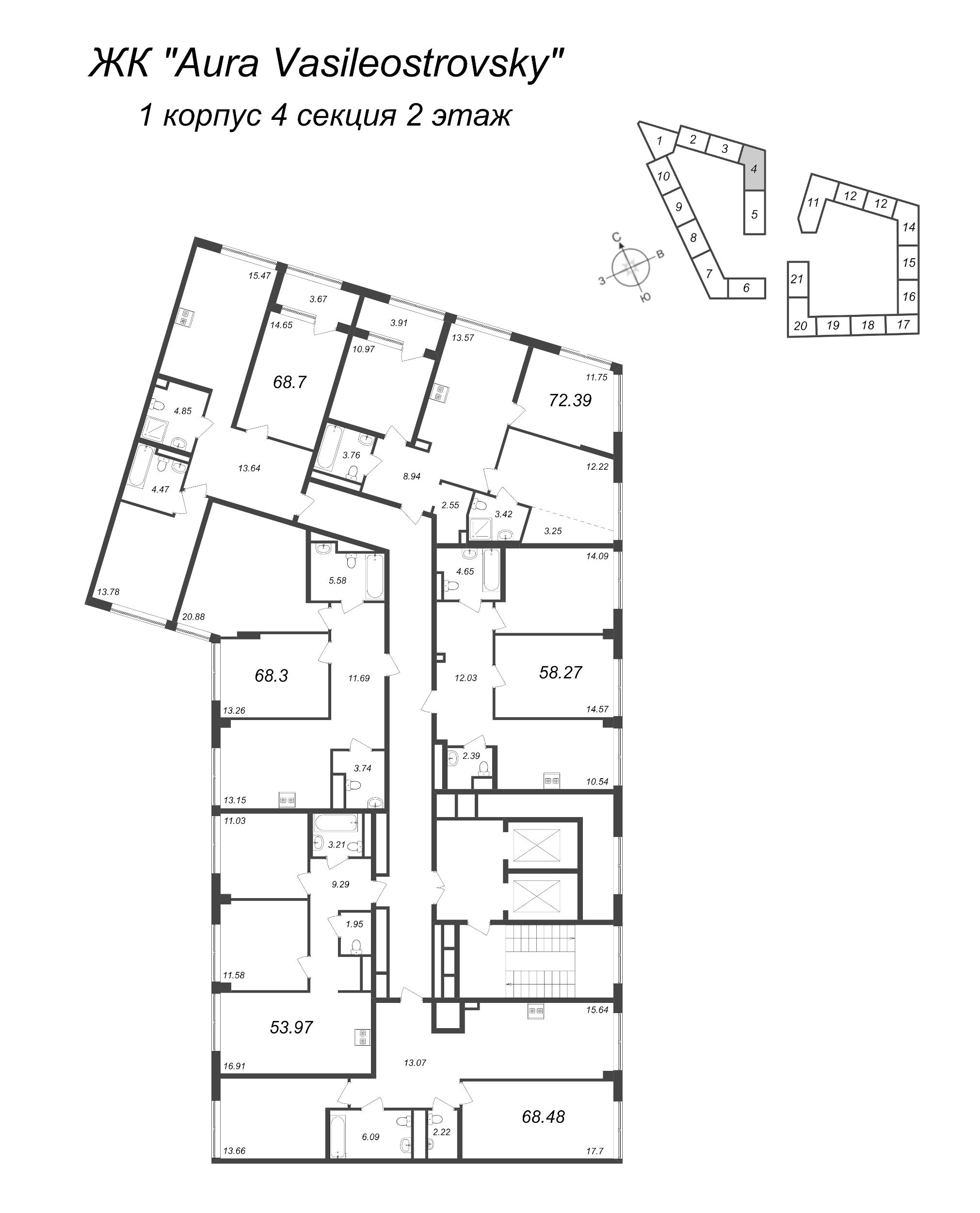 3-комнатная квартира, 72.39 м² - планировка этажа