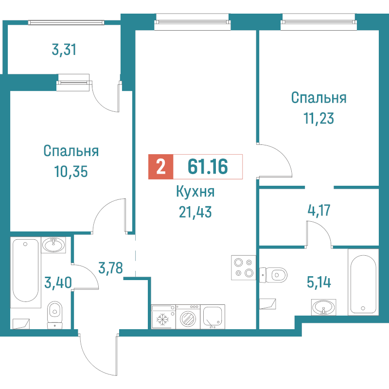3-комнатная (Евро) квартира, 61.16 м² в ЖК "Графика" - планировка, фото №1