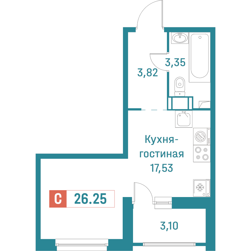 Квартира-студия, 26.25 м² в ЖК "Графика" - планировка, фото №1
