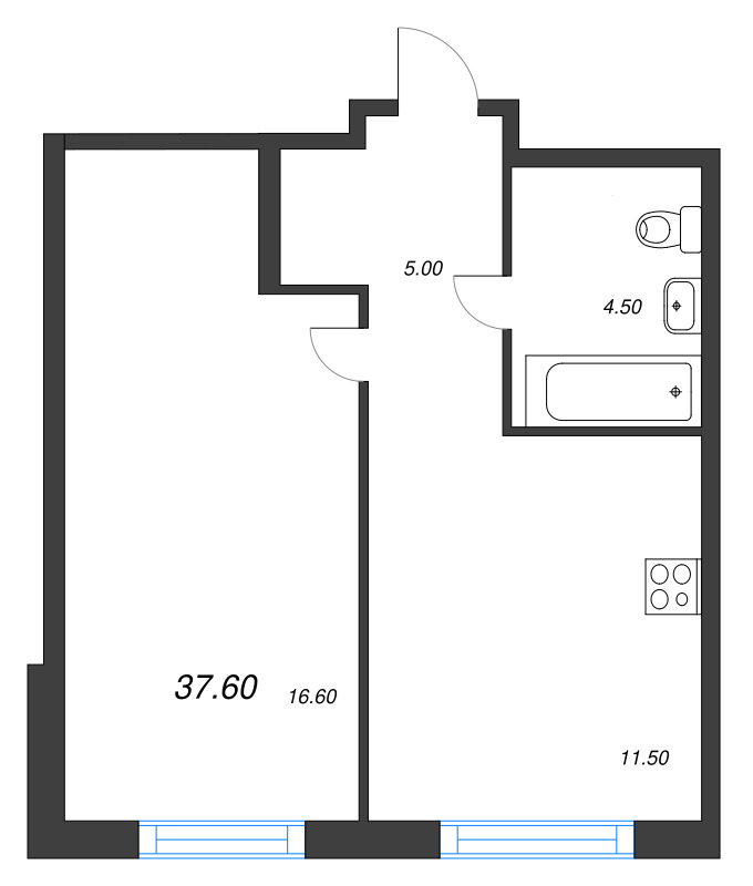 1-комнатная квартира, 37.6 м² в ЖК "Ягодное Река Парк" - планировка, фото №1