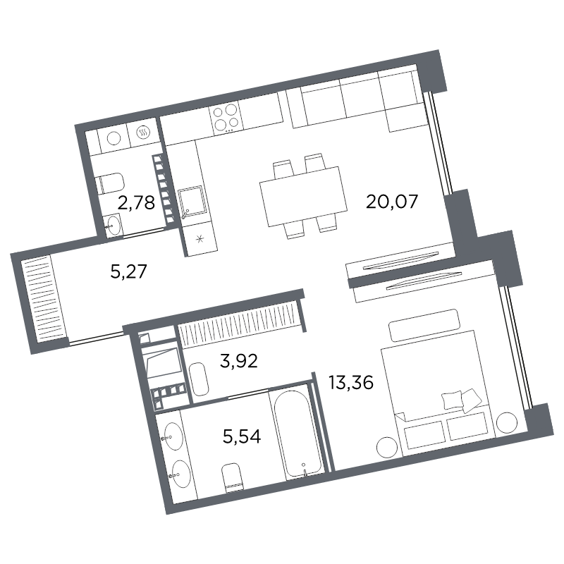 2-комнатная (Евро) квартира, 50.94 м² в ЖК "Акватория" - планировка, фото №1