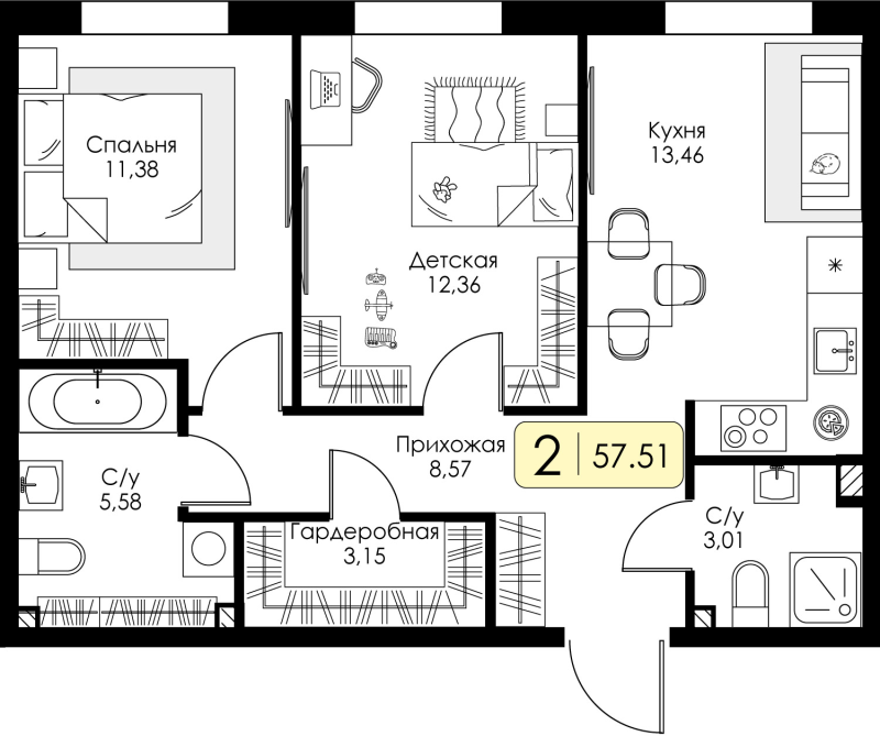 2-комнатная квартира, 57.51 м² в ЖК "Всевгород" - планировка, фото №1