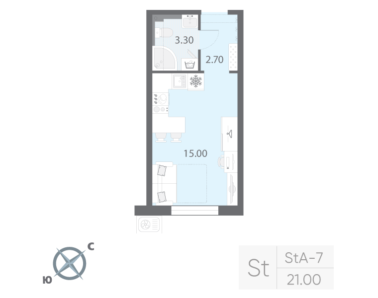 Квартира-студия, 21 м² в ЖК "Зеркальный ручей" - планировка, фото №1
