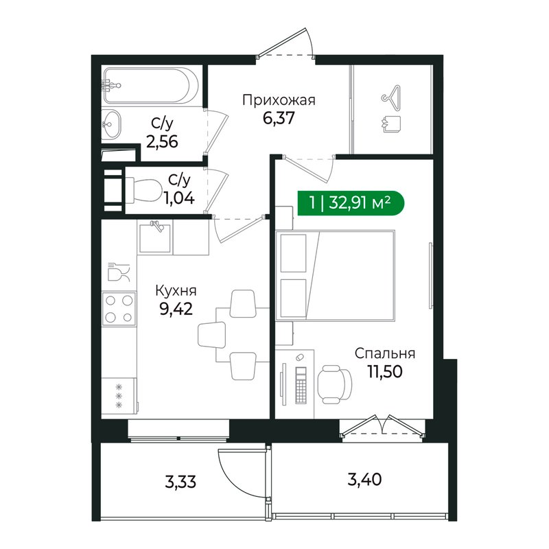 1-комнатная квартира, 30.8 м² в ЖК "Сертолово Парк" - планировка, фото №1