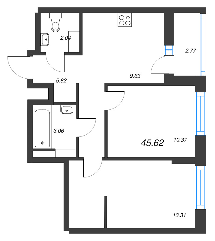 2-комнатная квартира, 45.62 м² - планировка, фото №1