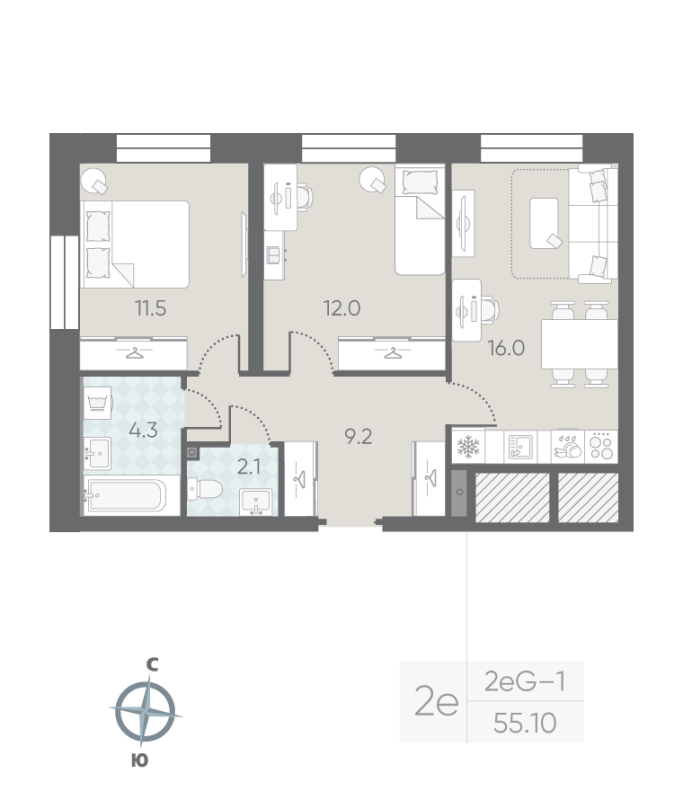 3-комнатная (Евро) квартира, 55.1 м² - планировка, фото №1