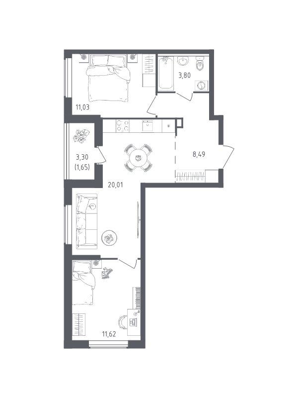 3-комнатная (Евро) квартира, 56.6 м² в ЖК "Южная Нева" - планировка, фото №1