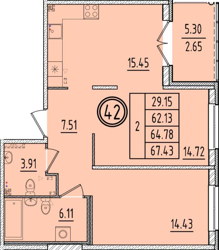 3-комнатная (Евро) квартира, 62.13 м² в ЖК "Образцовый квартал 6.4" - планировка, фото №1