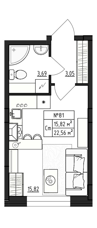 Квартира-студия, 22.56 м² в ЖК "Верево Сити" - планировка, фото №1