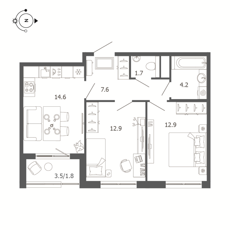 2-комнатная квартира, 55.7 м² - планировка, фото №1