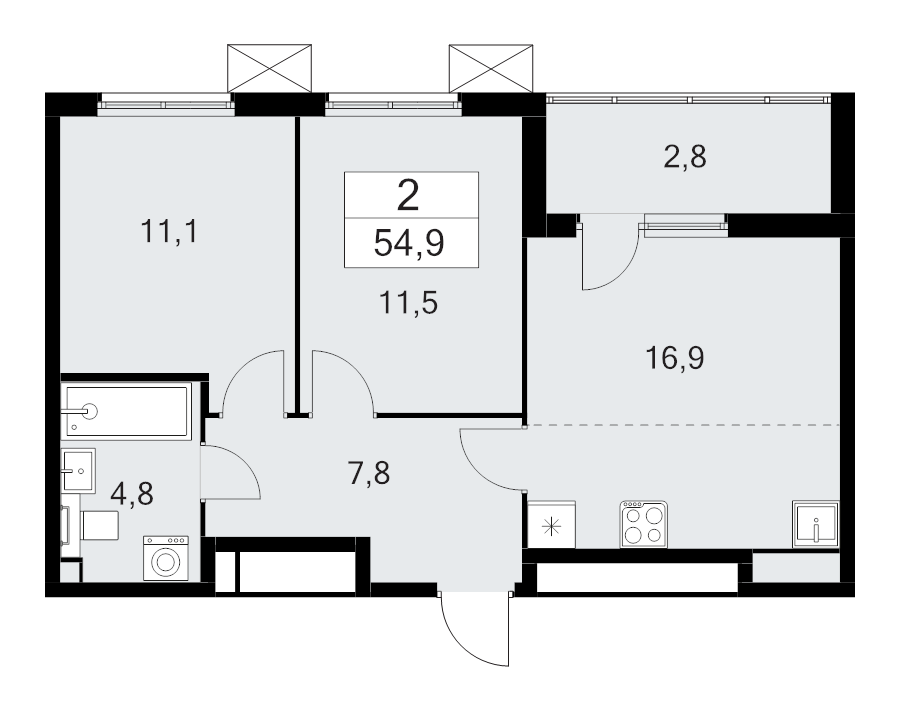 3-комнатная (Евро) квартира, 54.9 м² - планировка, фото №1