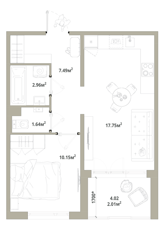 2-комнатная (Евро) квартира, 42 м² в ЖК "Тишин" - планировка, фото №1