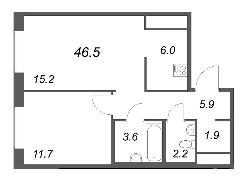 2-комнатная (Евро) квартира, 46.5 м² в ЖК "Передвижники" - планировка, фото №1