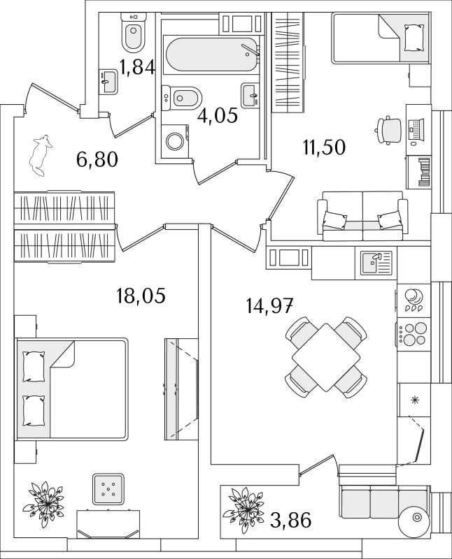 2-комнатная квартира, 59.14 м² - планировка, фото №1