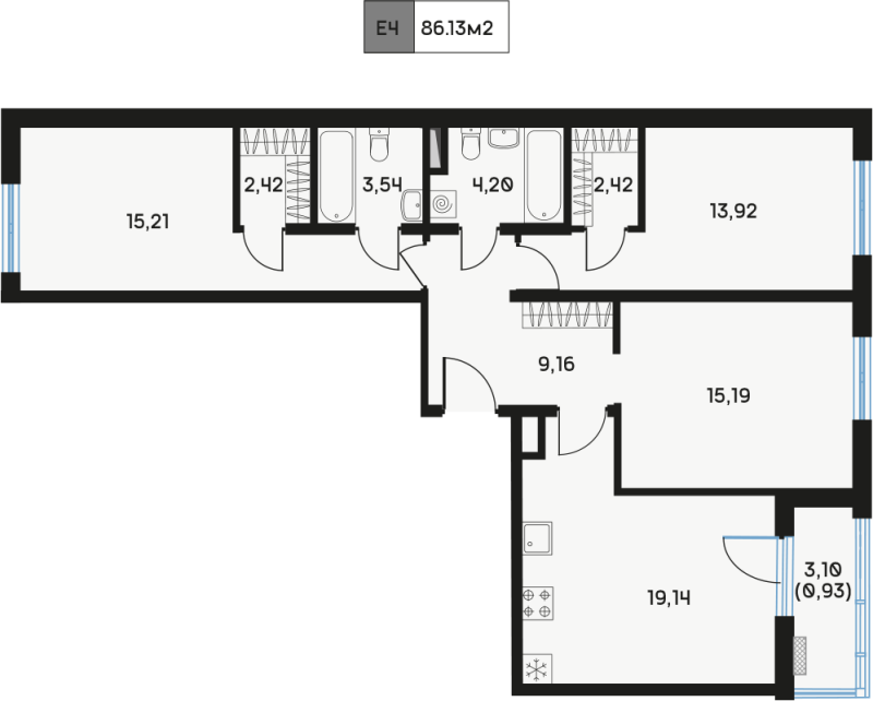 4-комнатная (Евро) квартира, 86.06 м² в ЖК "Дом Регенбоген" - планировка, фото №1