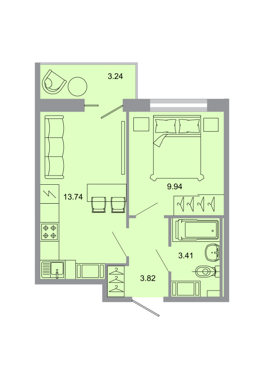 1-комнатная квартира, 31.5 м² - планировка, фото №1