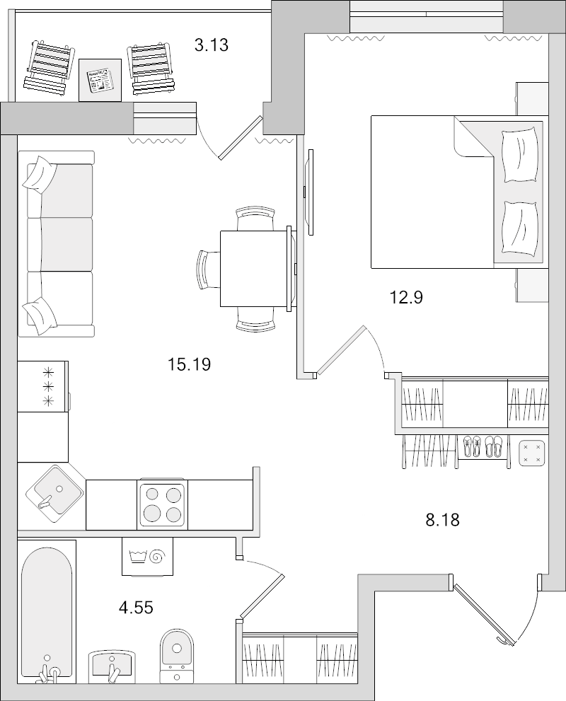 2-комнатная (Евро) квартира, 40.82 м² в ЖК "Город Первых" - планировка, фото №1