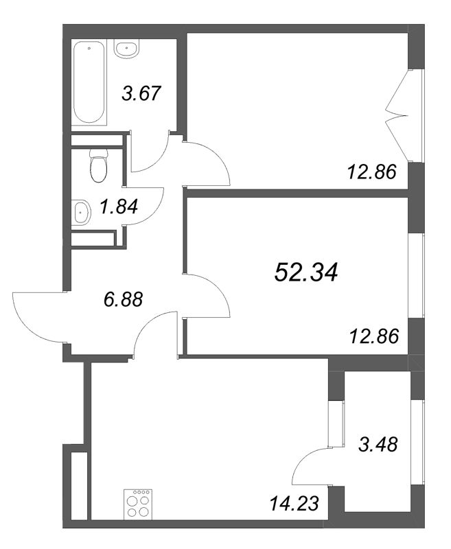 2-комнатная квартира, 52.34 м² в ЖК "Дубровский" - планировка, фото №1