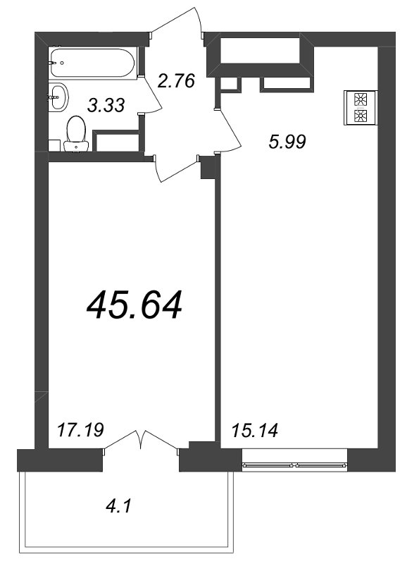 2-комнатная (Евро) квартира, 45.64 м² - планировка, фото №1