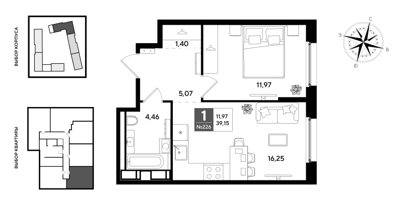 2-комнатная (Евро) квартира, 39.15 м² в ЖК "Догма Юкки 2" - планировка, фото №1