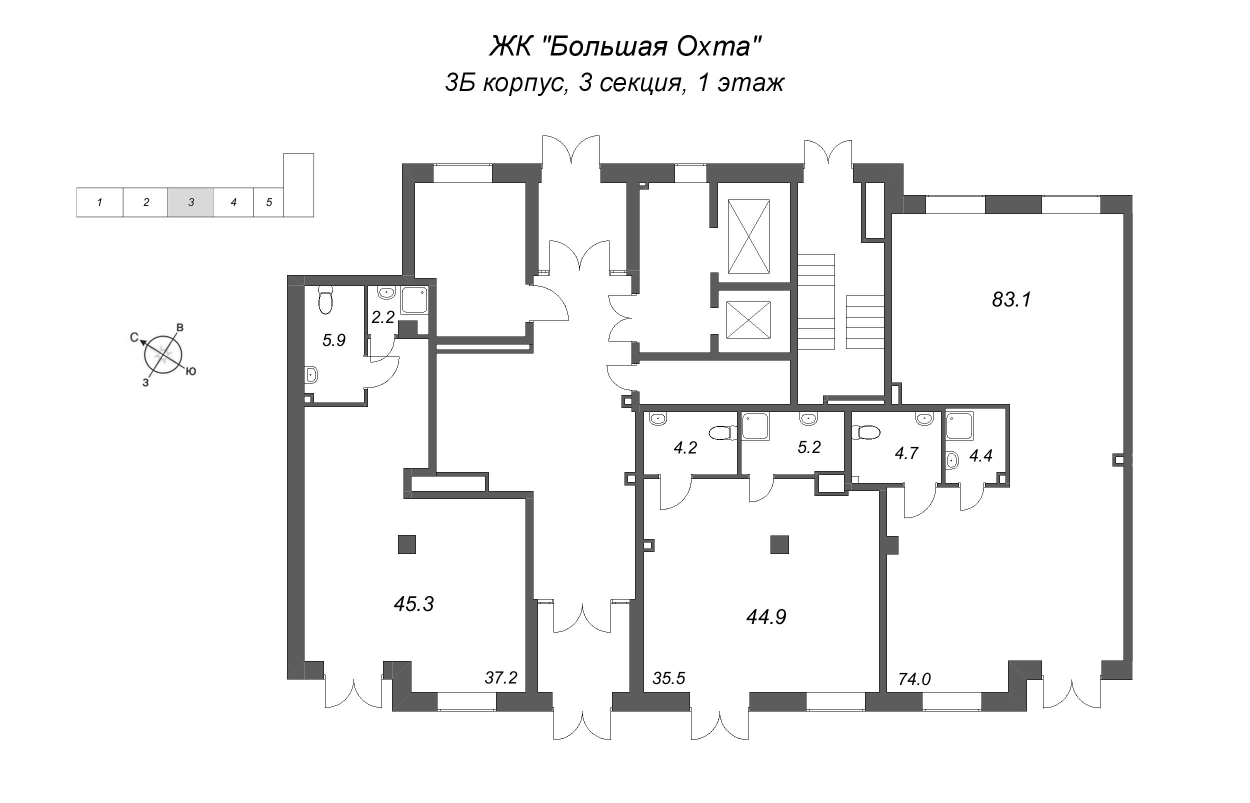 Помещение, 45.3 м² в ЖК "Большая Охта" - планировка этажа