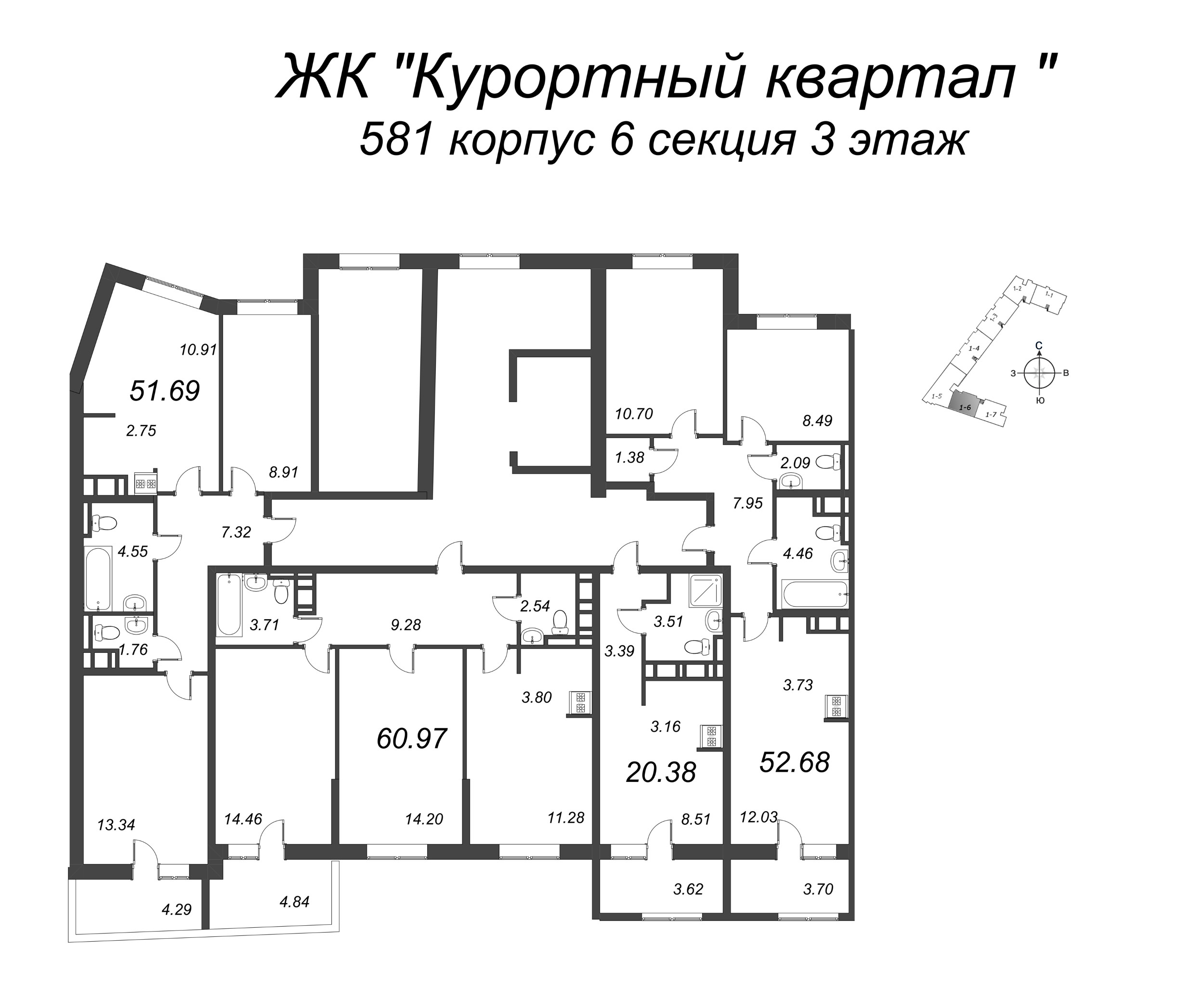 3-комнатная (Евро) квартира, 52.68 м² - планировка этажа