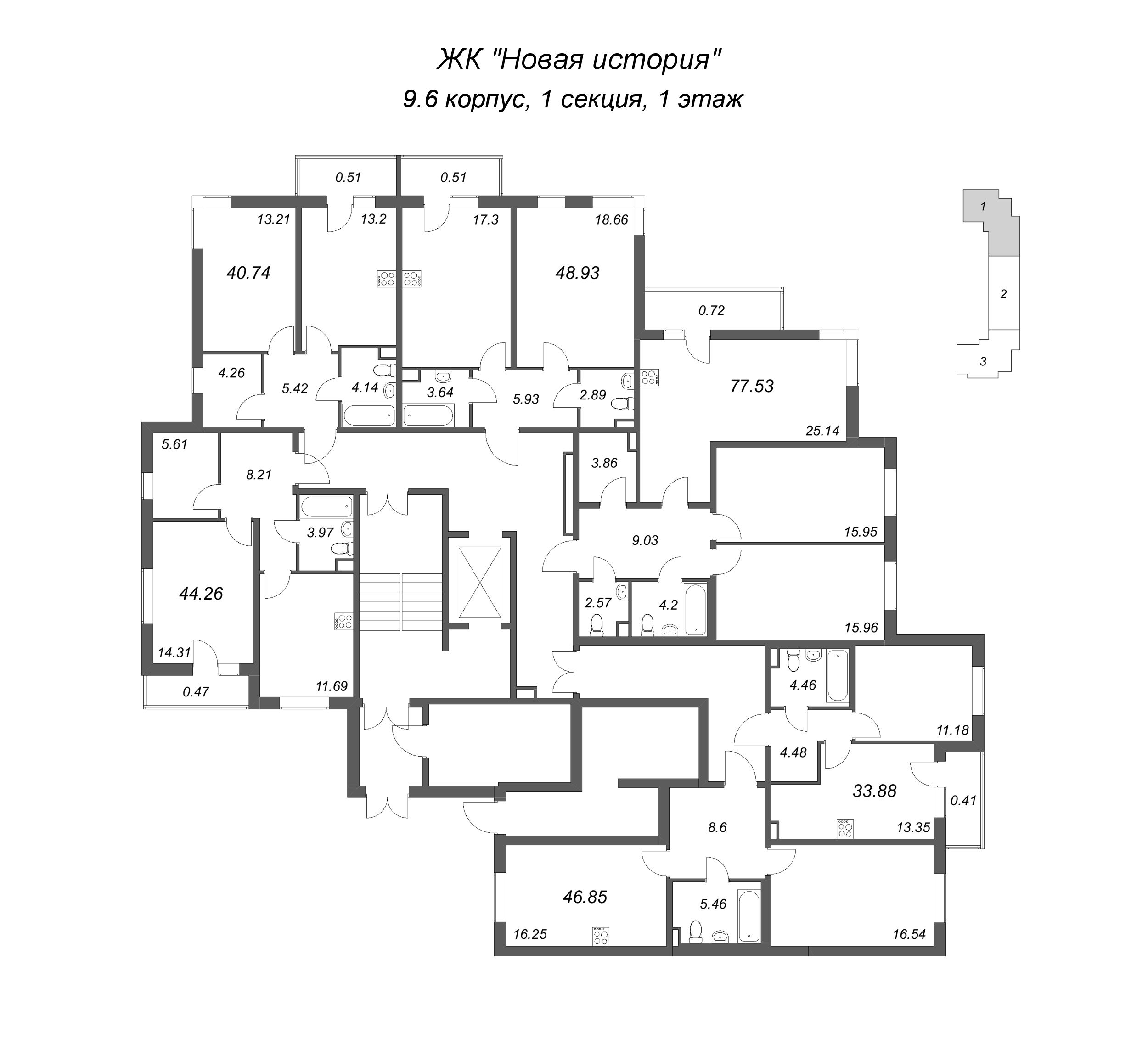 1-комнатная квартира, 33.88 м² в ЖК "Новая история" - планировка этажа