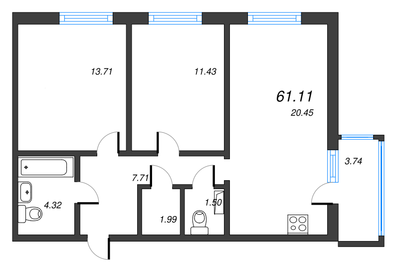 3-комнатная (Евро) квартира, 57.36 м² - планировка, фото №1