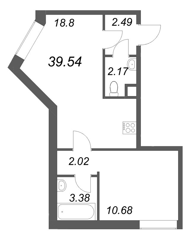 2-комнатная (Евро) квартира, 39.54 м² в ЖК "Соло. Петергоф" - планировка, фото №1