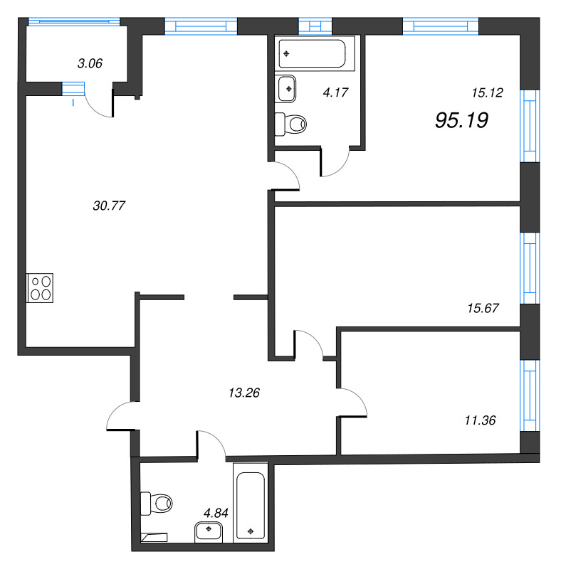 4-комнатная (Евро) квартира, 95.19 м² в ЖК "Чёрная речка" - планировка, фото №1