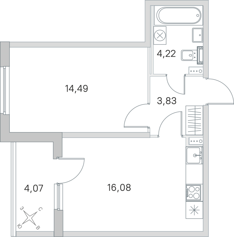 2-комнатная (Евро) квартира, 38.62 м² в ЖК "Любоград" - планировка, фото №1