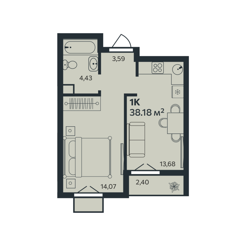 1-комнатная квартира, 38.18 м² в ЖК "Эдельвейс.Янино" - планировка, фото №1