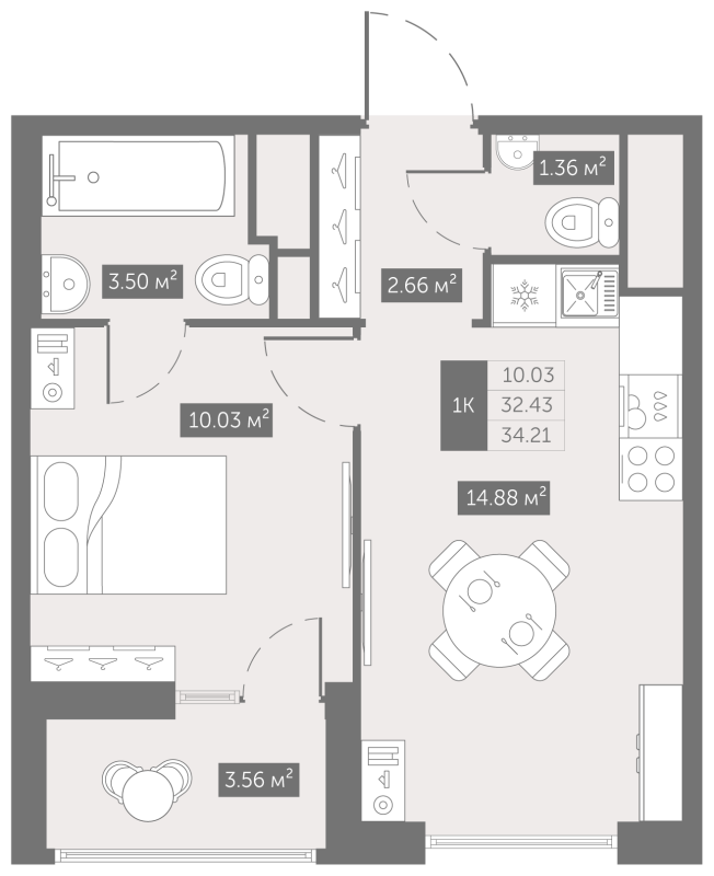 1-комнатная квартира, 34.21 м² - планировка, фото №1