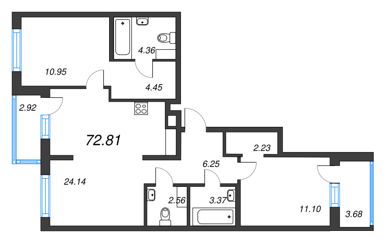 3-комнатная (Евро) квартира, 72.81 м² в ЖК "ID Murino III" - планировка, фото №1
