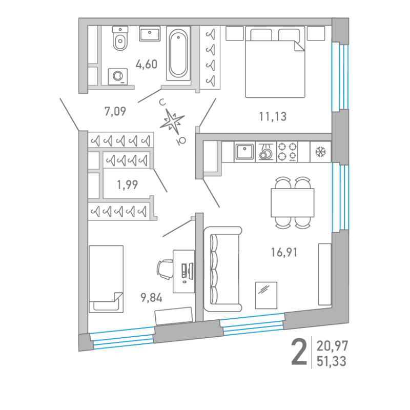 3-комнатная (Евро) квартира, 51.33 м² в ЖК "Министр" - планировка, фото №1