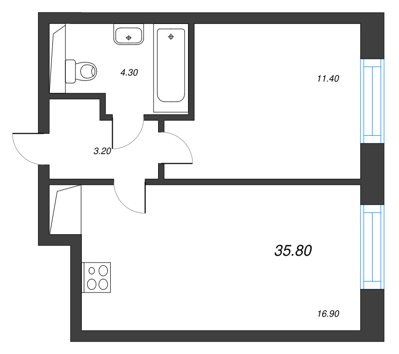 2-комнатная (Евро) квартира, 35.8 м² в ЖК "Большая Охта" - планировка, фото №1