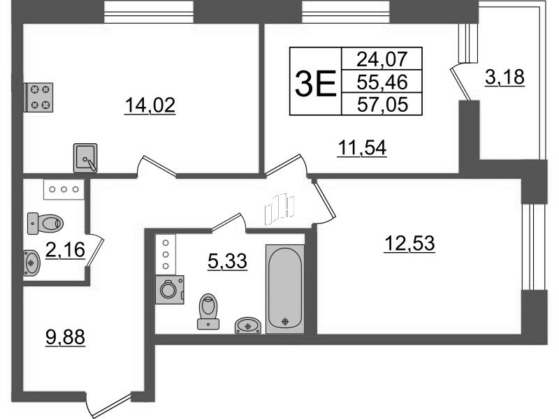 2-комнатная квартира, 57.05 м² - планировка, фото №1
