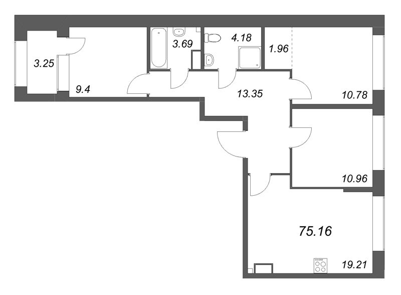 4-комнатная (Евро) квартира, 75.16 м² в ЖК "Аквилон Солар Парк" - планировка, фото №1