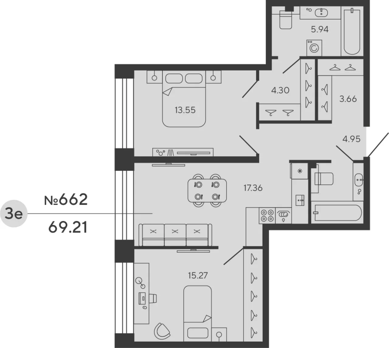 3-комнатная (Евро) квартира, 69.21 м² - планировка, фото №1