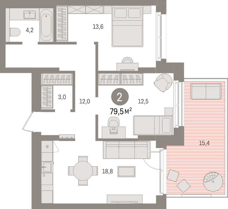 3-комнатная (Евро) квартира, 79.5 м² в ЖК "Брусника в Новоселье" - планировка, фото №1