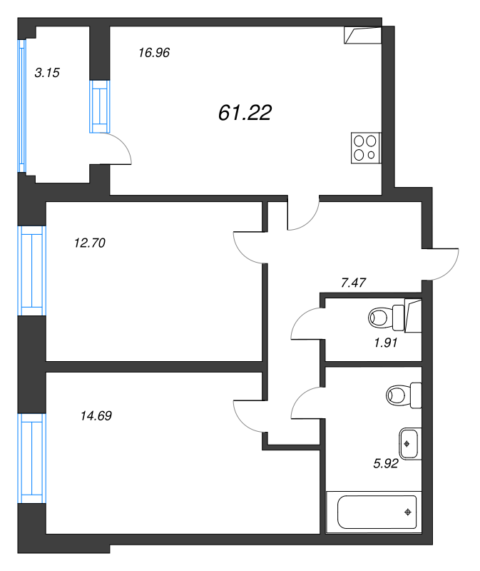 3-комнатная (Евро) квартира, 61.22 м² в ЖК "Аквилон Leaves" - планировка, фото №1
