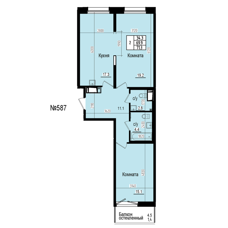 3-комнатная (Евро) квартира, 71.3 м² в ЖК "ПРАГМА СИТИ" - планировка, фото №1