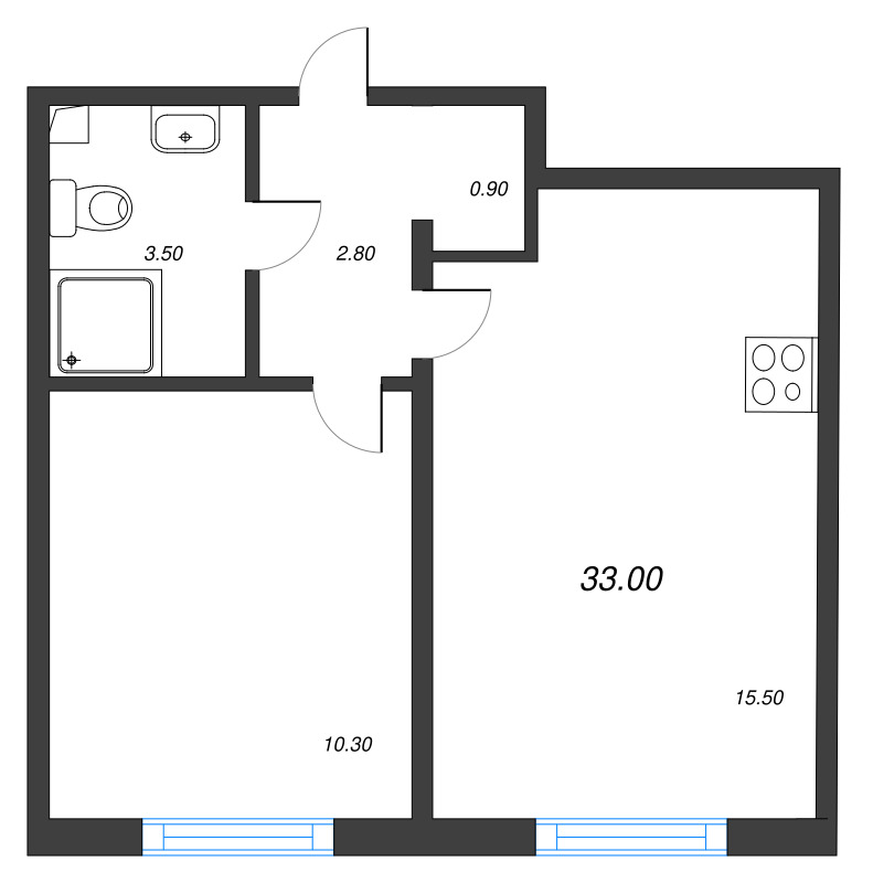 2-комнатная (Евро) квартира, 33 м² в ЖК "Дыбенко Парк" - планировка, фото №2