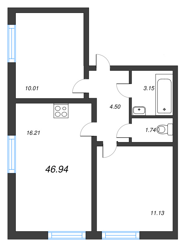 3-комнатная (Евро) квартира, 46.94 м² в ЖК "Морская миля" - планировка, фото №1