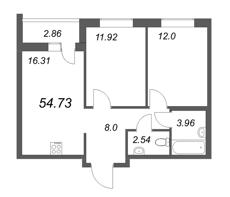 3-комнатная (Евро) квартира, 54.73 м² в ЖК "Город Первых" - планировка, фото №1