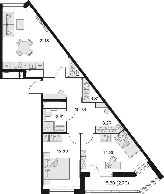 2-комнатная квартира, 71.36 м² - планировка, фото №1